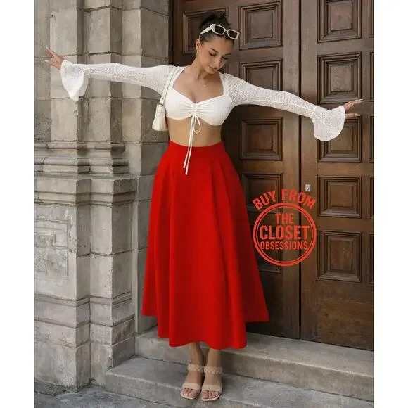 ZARA Blogger Fave Bright Red A-Line High Waist Midi Skirt NWT - Picture 7 of 16